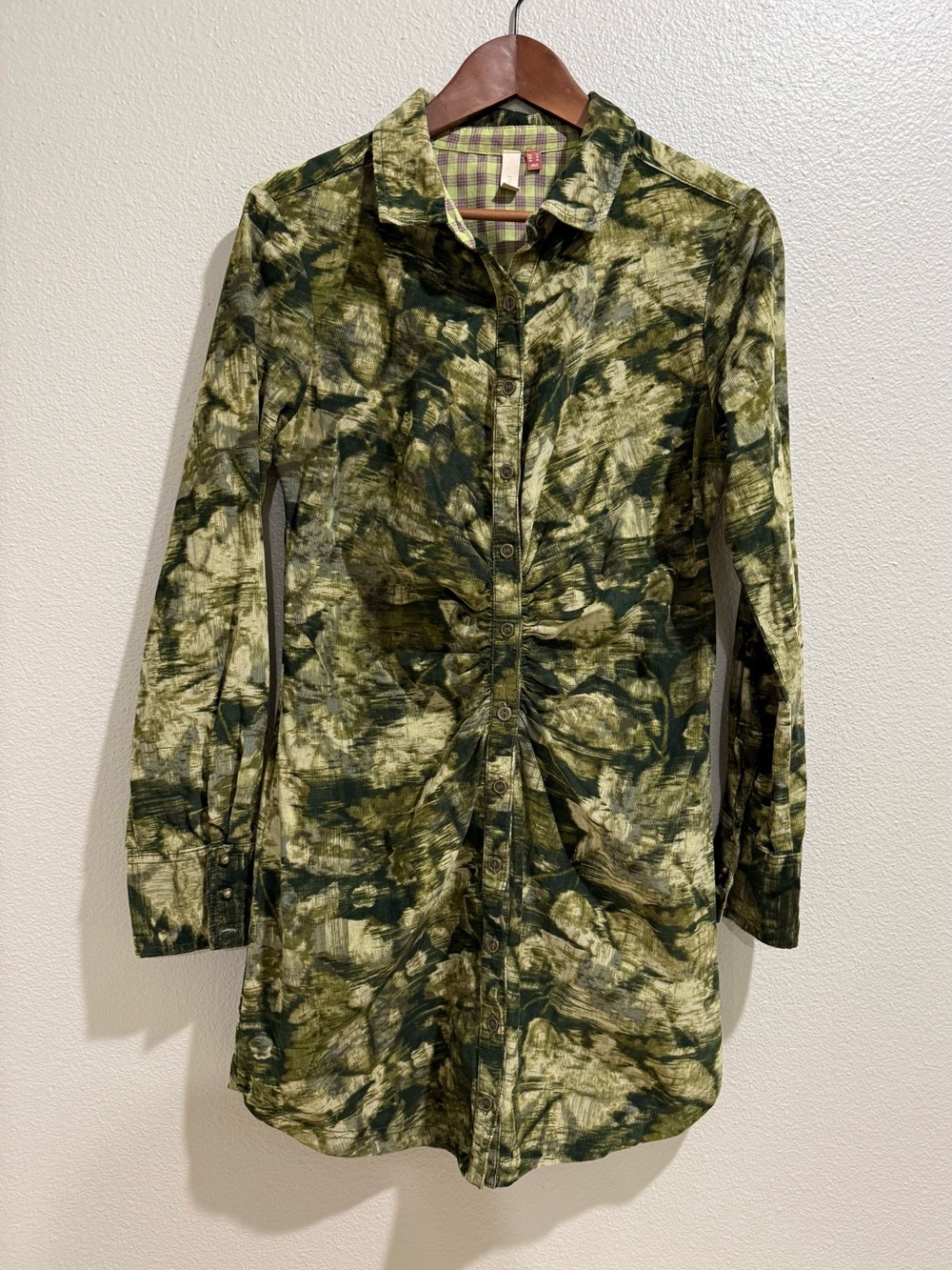 Anthropologie Green & Olive Tie-Dye Button Mini Dress